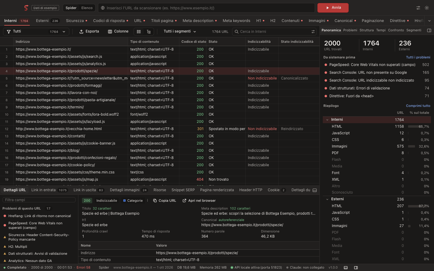Finestra principale di Silent Snake in tema scuro: griglia degli URL, panoramica e dettagli